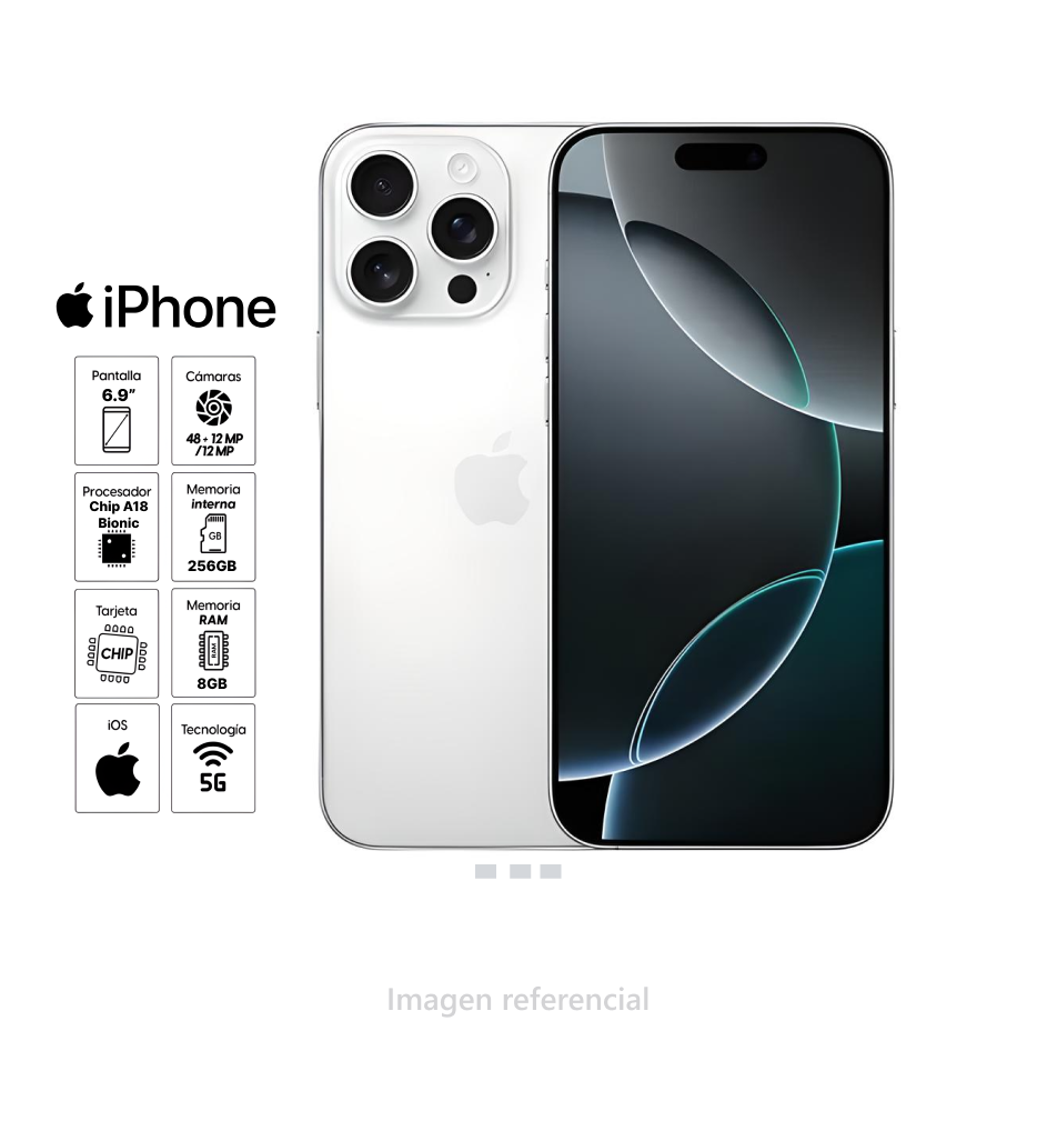 iPhone 16 Pro Max, 6.9", 256GB, 8GB RAM, Cámaras 48MP, 12MP, 12MP, A18 Pro Bionic, 3300 mAh Batería, White Titanium.