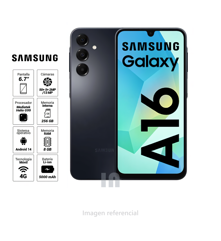 Samsung Galaxy A16 4G 256GB, 8GB RAM, cámara principal 50MP, cámara frontal 13MP, 6.7", negro