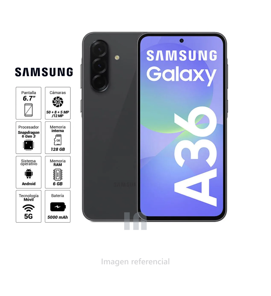  Samsung Galaxy A36 5G, 128GB ROM, 6GB RAM, Triple Cámara 50 + 8 + 5 MP, Pantalla 6.7", Batería 5000 mAh.
