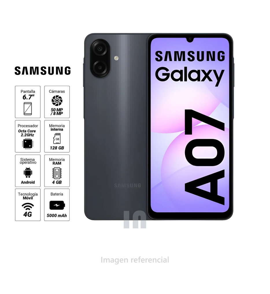 Celular Samsung Galaxy A07 128GB, 4GB RAM, cámara principal 50MP + 2MP, frontal 8MP, Pantalla 6.7", negro