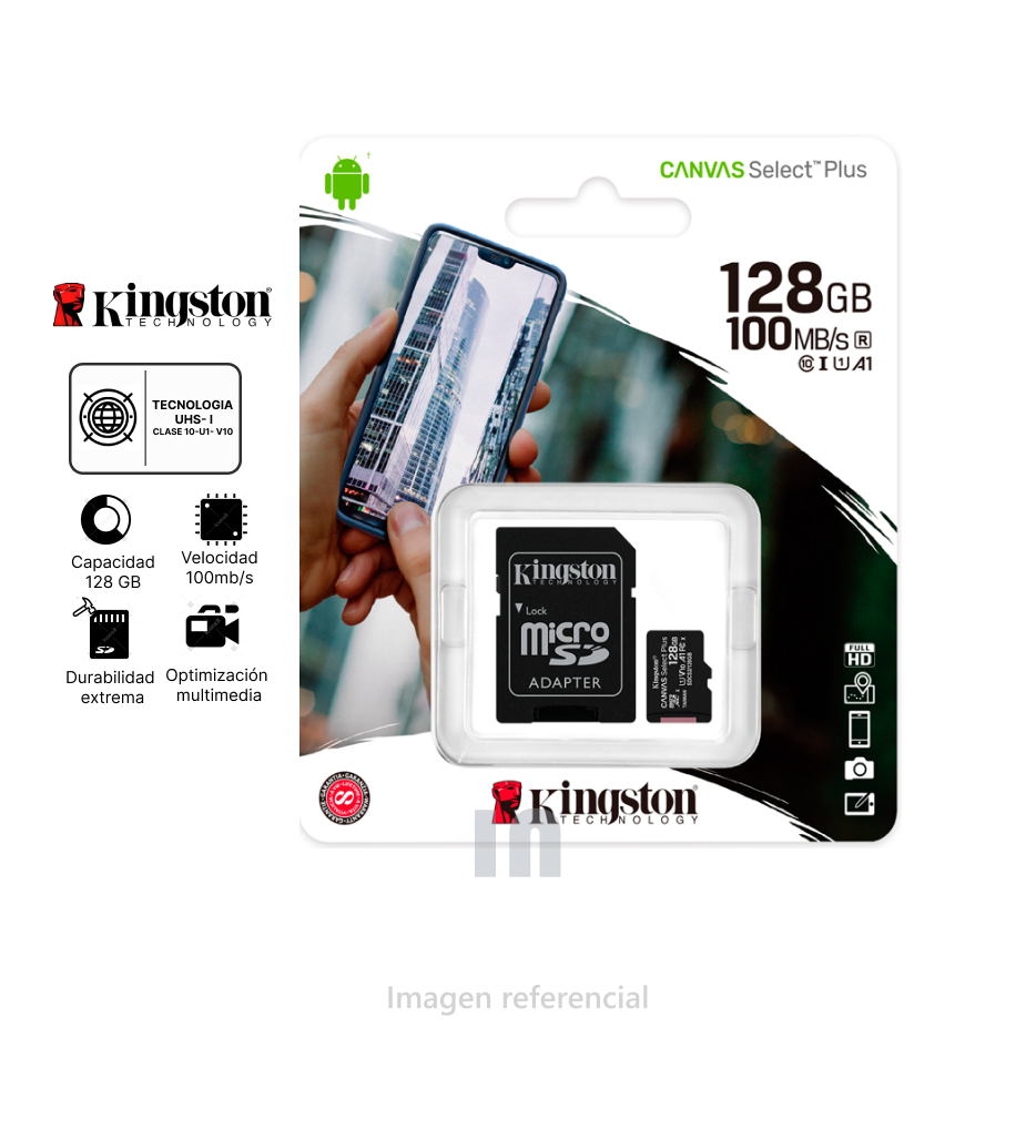 Tarjeta MicroSD Kingston Canvas Select Plus 128GB Class 10 UHS-I 100MB/s con Adaptador SD