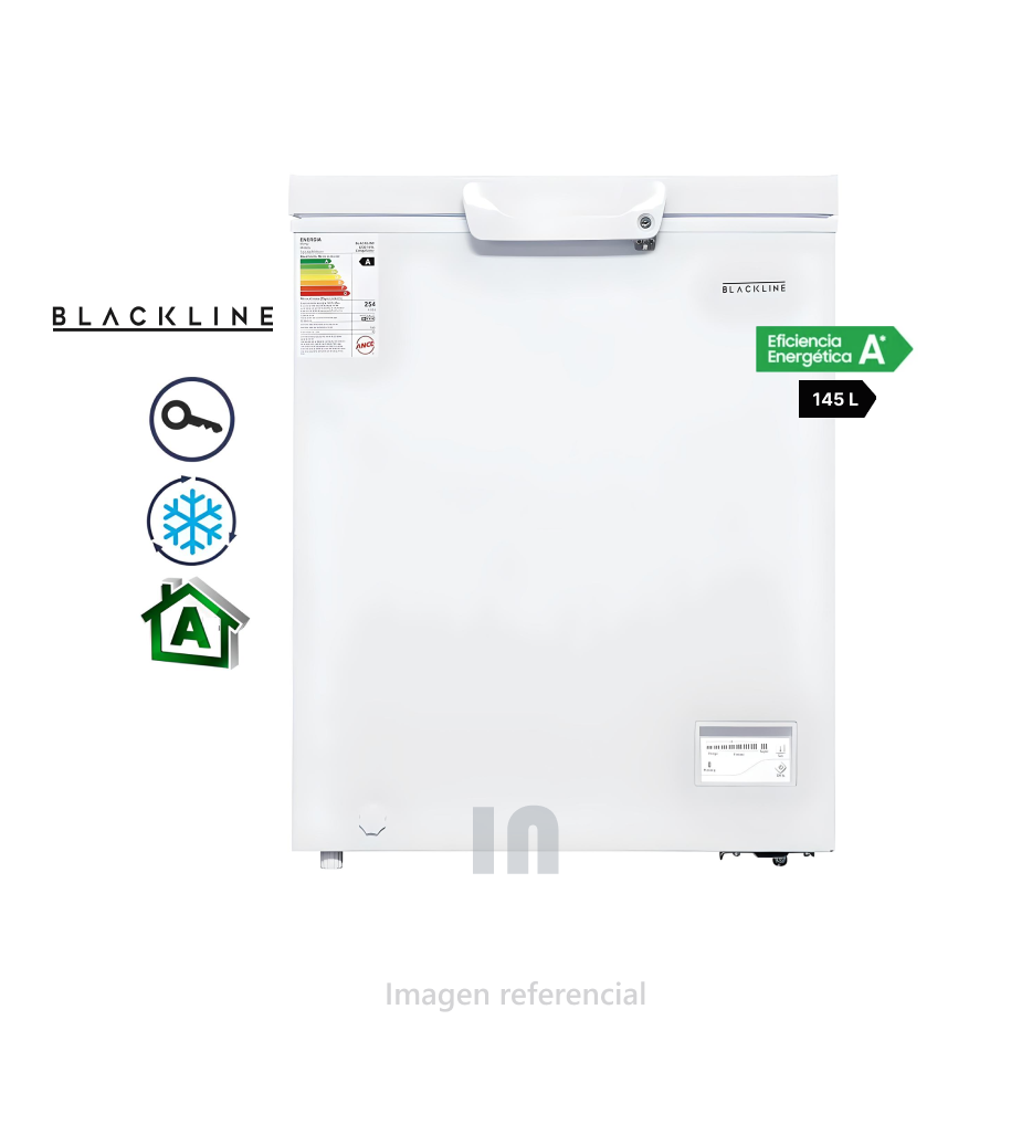 Congeladora BLACKLINE 145L Chest Freez, control de temperatura, 1 canastilla, Blanco.