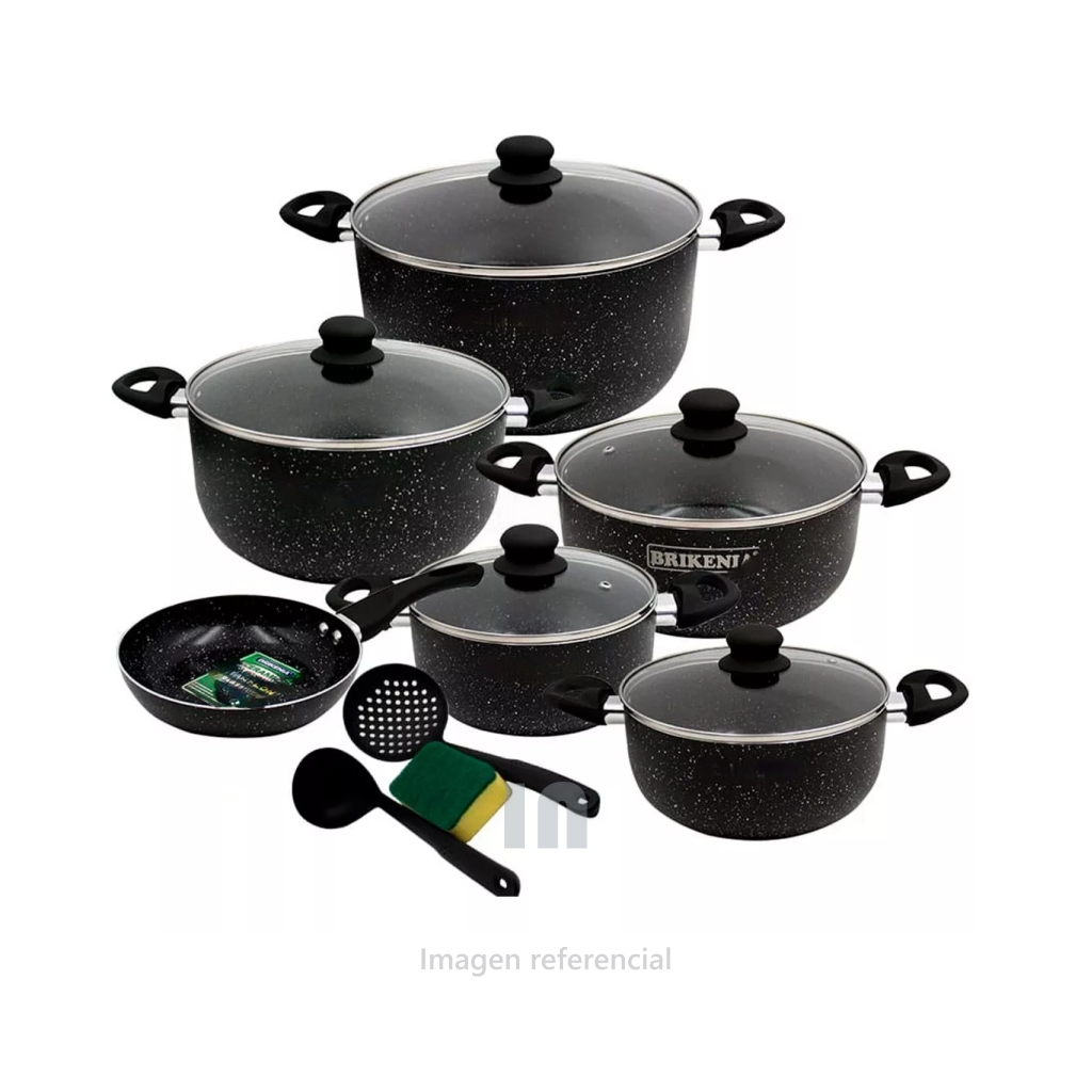 Juego de ollas brikenia de 11 piezas roca volcánica, 3 ollas, 1 cacerola, 1 sarten, 1 parrillera, color negro.