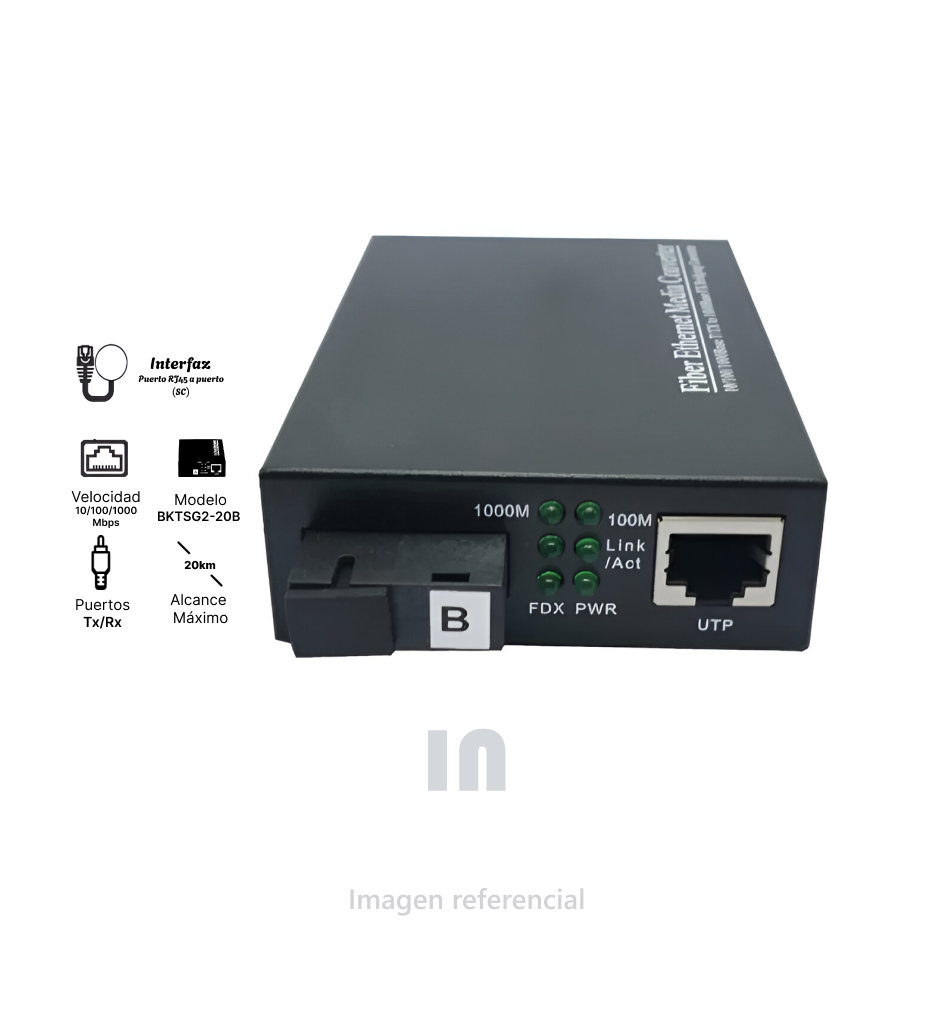 Media converter (BKTSG2-20B) BKTELL 10/100/1000 single fiber/single mode SC tx1550nm Rx1310nm, 20km, negro.