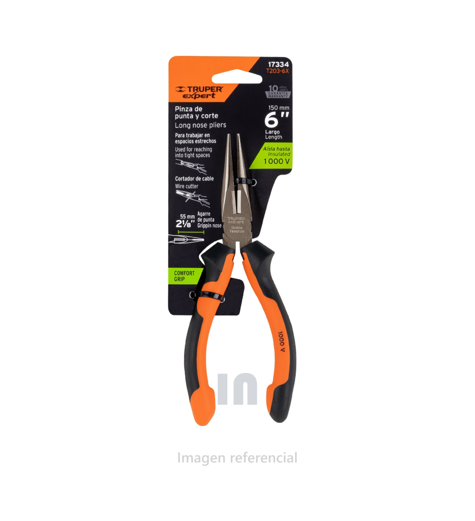 Alicate de punta y corte 6pulg mango confort grip, truper expert 17334.