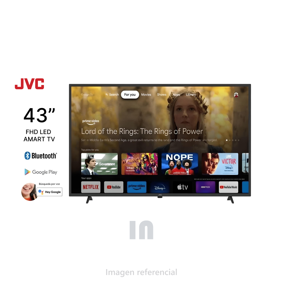 Televisor JVC Led 43" Smart TV FHD Google Tv LT-43KB338, negro.