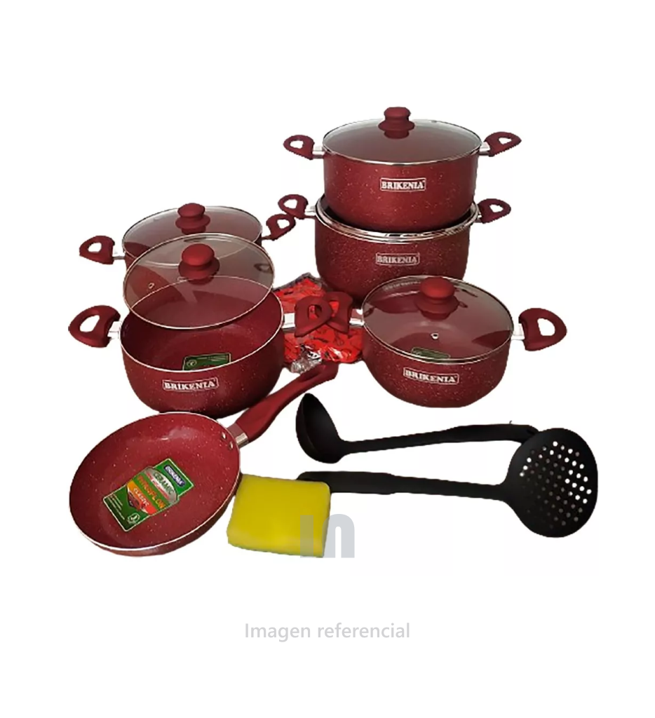 Juego de ollas brikenia de 11 piezas roca volcánica, 3 ollas, 1 cacerola, 1 sarten, 1 parrillera, regalo juego de cucharones, color rojo.