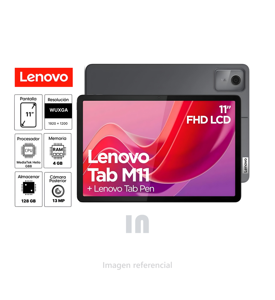 Tableta Lenovo Tab M11 TB330FU, 11" WUXGA, Helio G88, 4GB RAM, 128GB ROM, Cámara frontal 8MP, Cámara trasera 13MP, Android 13