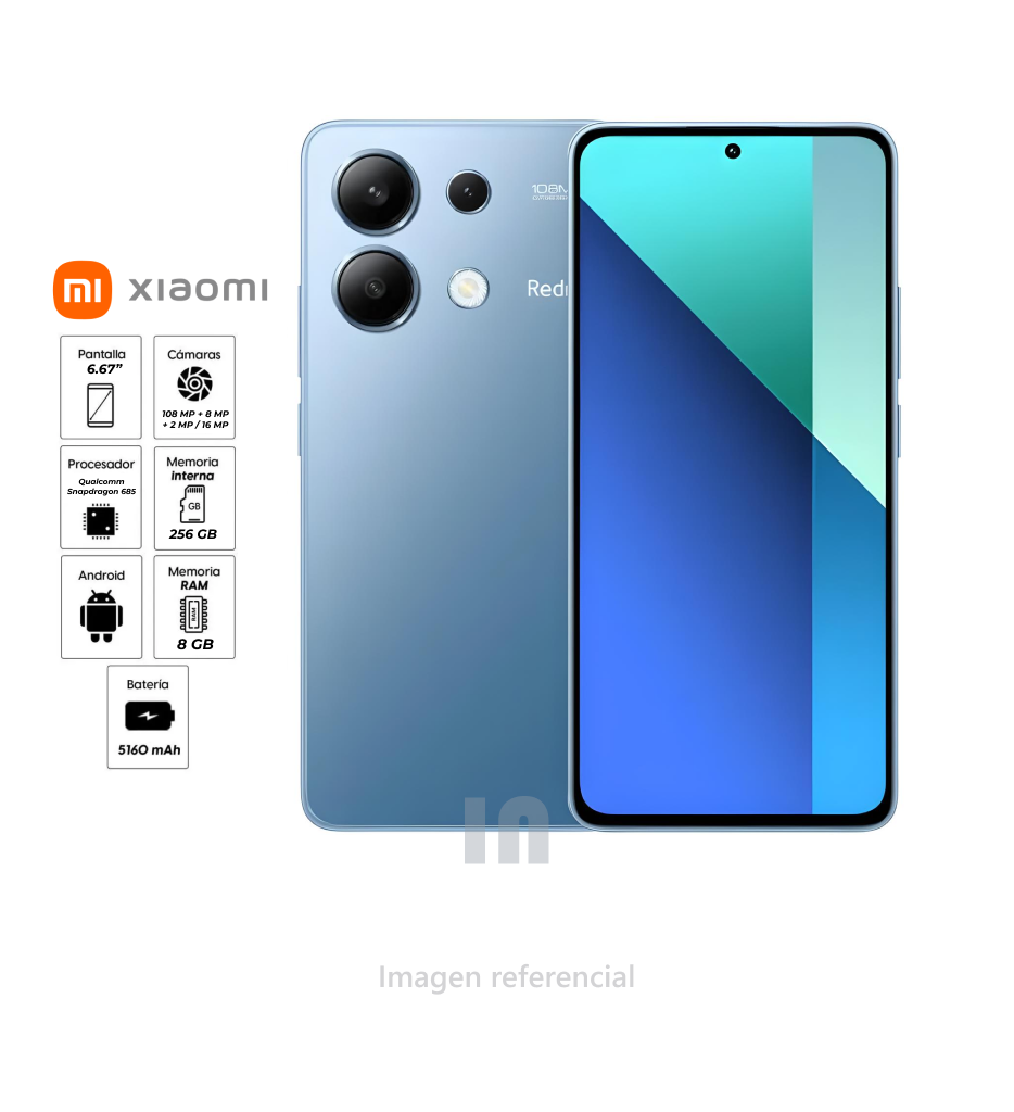 Celular Redmi Note 13 4G, 8GB RAM, Snapdragon 680, 256GB ROM, Batería 5000mAh, Color verde menta.