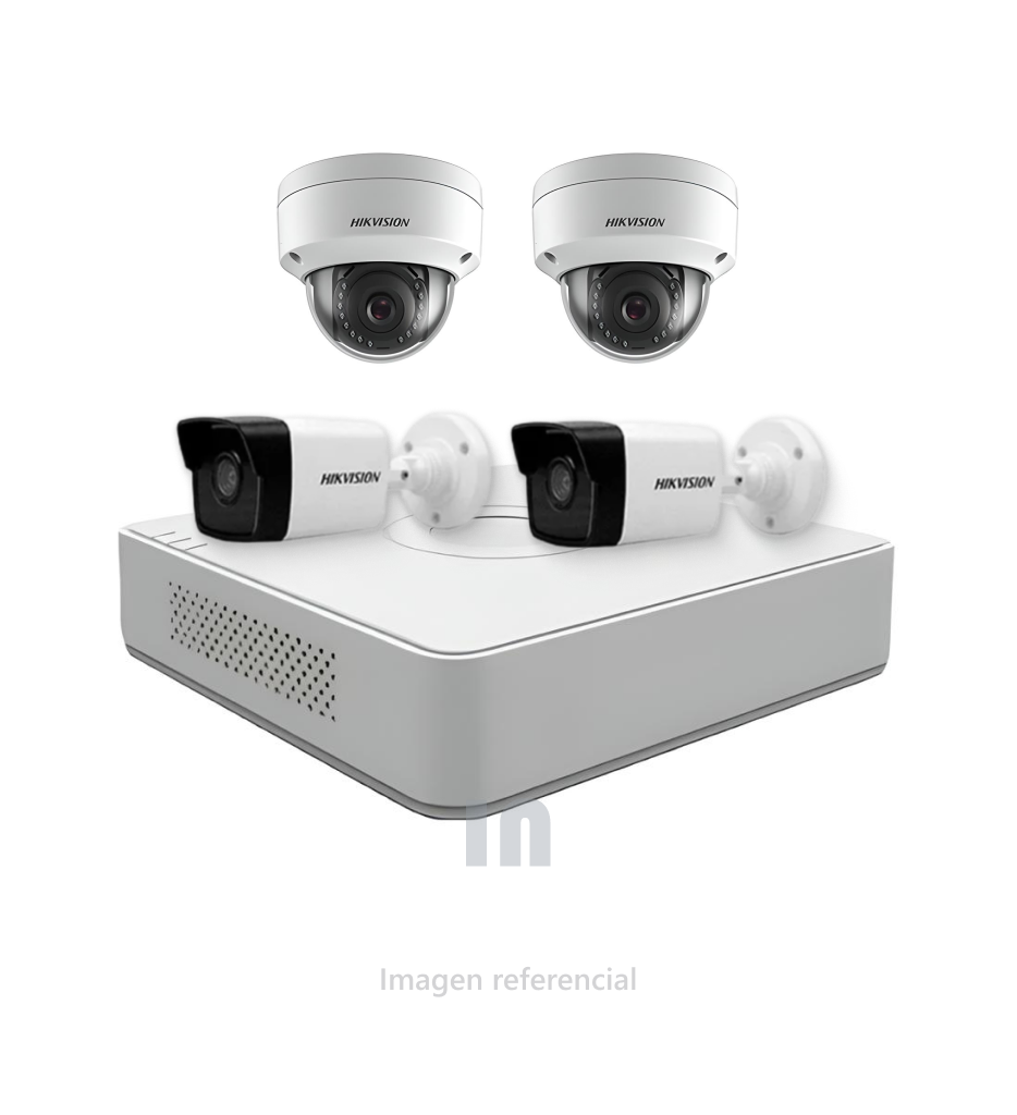 Kit de Video Vigilancia Hikvision 4 Cámaras IP – NVR 4 Canales PoE, Domo 2MP y Bullet Value 2MP