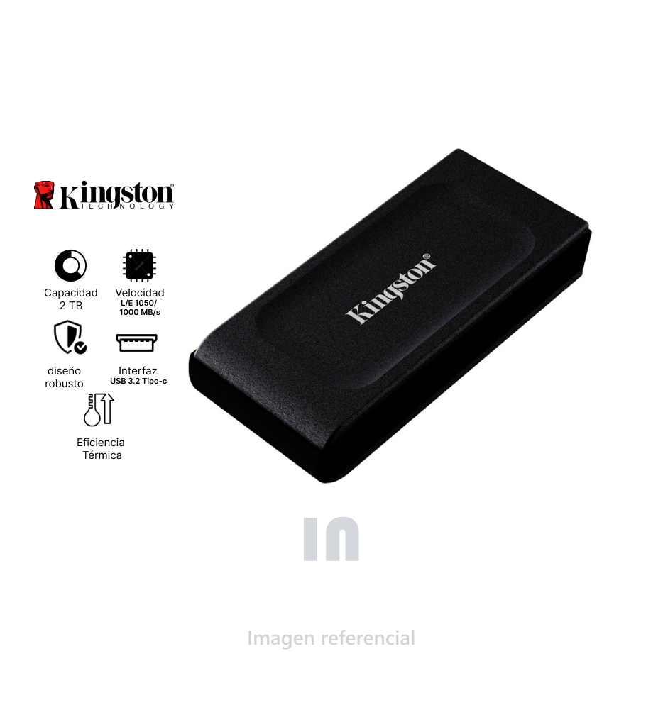 Unidad en estado sólido externa Kingston XS1000, 2TB, USB 3.2 Gen 2 Tipo-C, SXS1000/2000G negro.