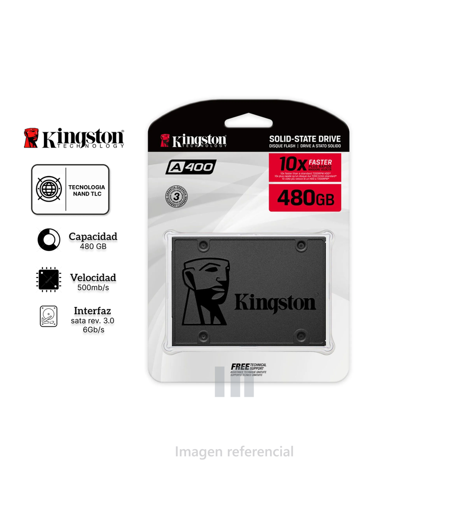 Kingston, Unidad de estado sólido, 480GB , A400, 2.5 PULG Sata, 6Gb/s.