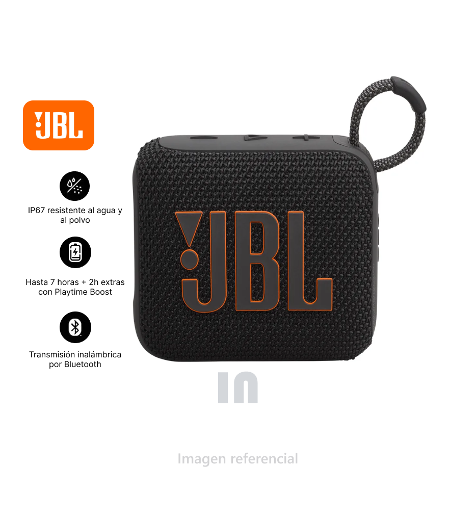Parlante bluetooth JBL Go 4 potencia 4.2W, resistente al agua IP67, hasta 7 horas de reproducción, puerto de carga USB Tipo-C.