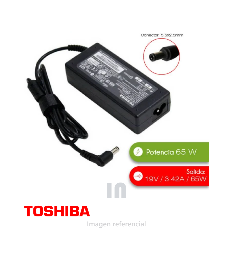 Cargador compatible Toshiba, 19V 3.42A 65W 5.5 x 2.5mm, punta negra.