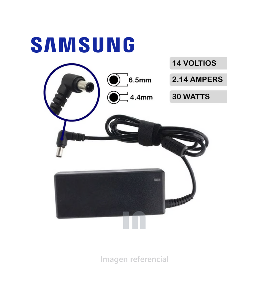 Cargador compatible para monitor Samsung, 14V 2.14A 30W 6.5 x 4.4mm, punta negra.