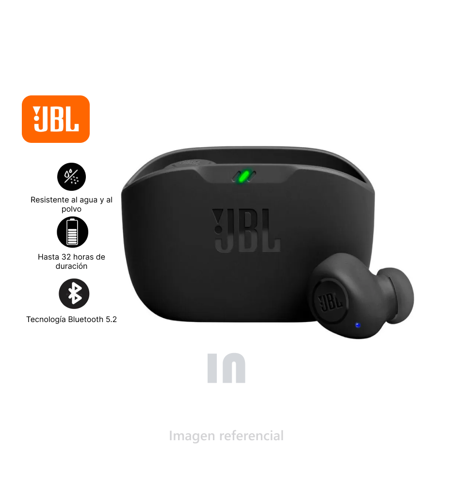 Audífonos bluetooth True Wireless JBL Wave Buds resistente al agua IP54 duración máx. 32 horas con estuche de carga, negro.