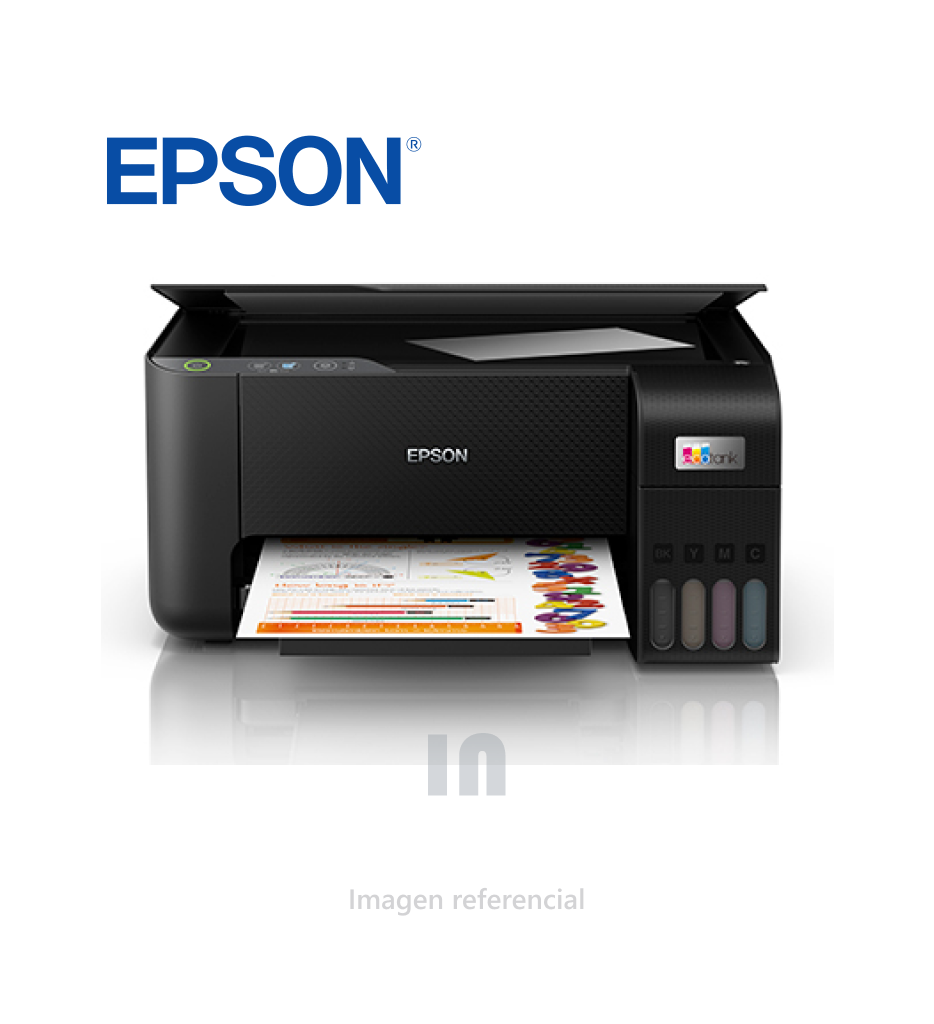 Impresora Multifuncional Epson EcoTank L3210 – 3 en 1: imprime, copia y escanea, sin cartuchos: hasta 4 500 pág. negro / 7 500 pág. color con las tintas incluidas, resolución 5 760 × 1 440 dpi y velocidad ISO 10 ppm negro / 5 ppm color, Tecnología Heat‑Free MicroPiezo, tanque frontal compacto EcoFit y conectividad USB 2.0  