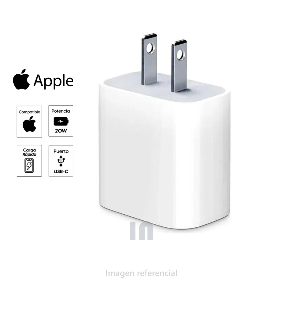 Cargador de pared Apple tipo USB-C, 1 puerto, 20W, blanco.