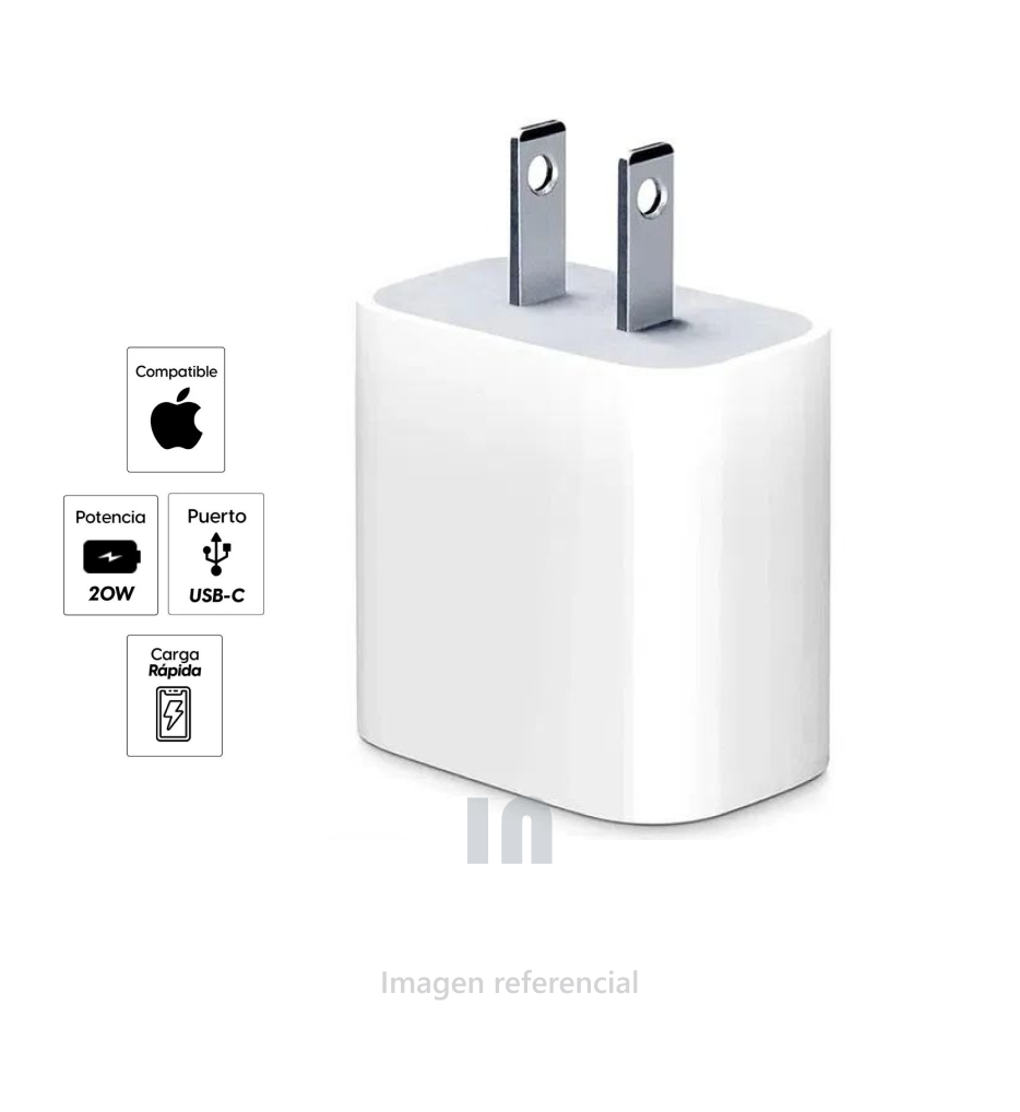 Cargador de pared Apple tipo USB-C, 1 puerto, 20W, blanco.