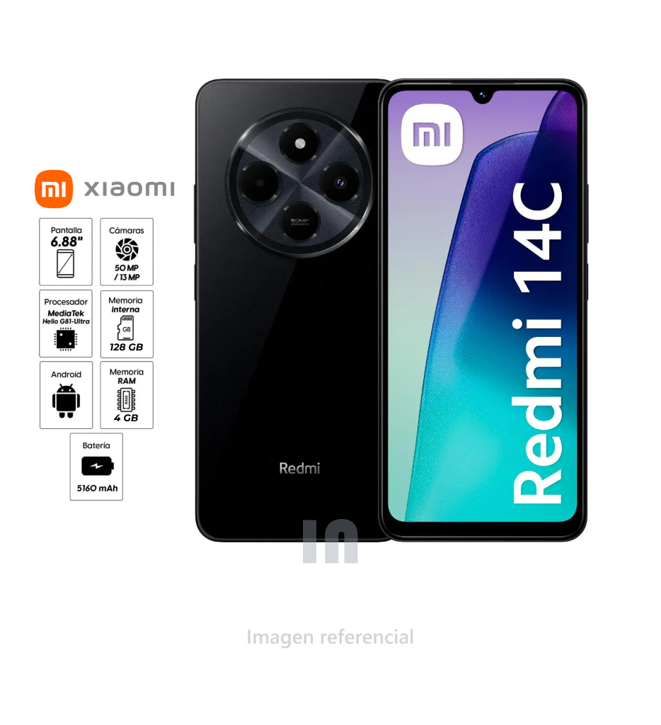 Smartphone Xiaomi Redmi 14C, pantalla de 6.88", procesador Mediatek Helio G81 Ultra, ram de 4gb, rom de 128gb, batería de 5160mAh.