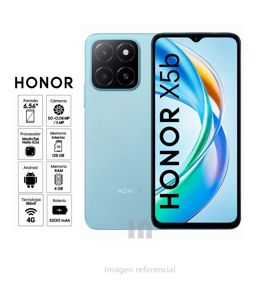 Smartphone HONOR X5B, pantalla de 6.56 pulg, procesador MediaTek Helio G36, memoria ram 4GB, rom de 128GB, cámara posterior de 50 MP, 0.08 MP, frontal de 5mp.