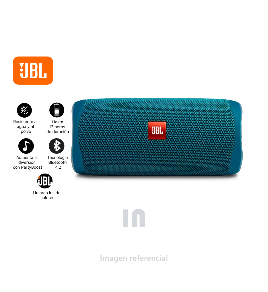 PARLANTE JBL FLIP 5, INALÁMBRICA, BATERÍA MAS 12 HORAS, INCORPORADO CON PARTYBOOST, IMPERMEABLE IPX7 A PRUEBA DE AGUA y polvo.