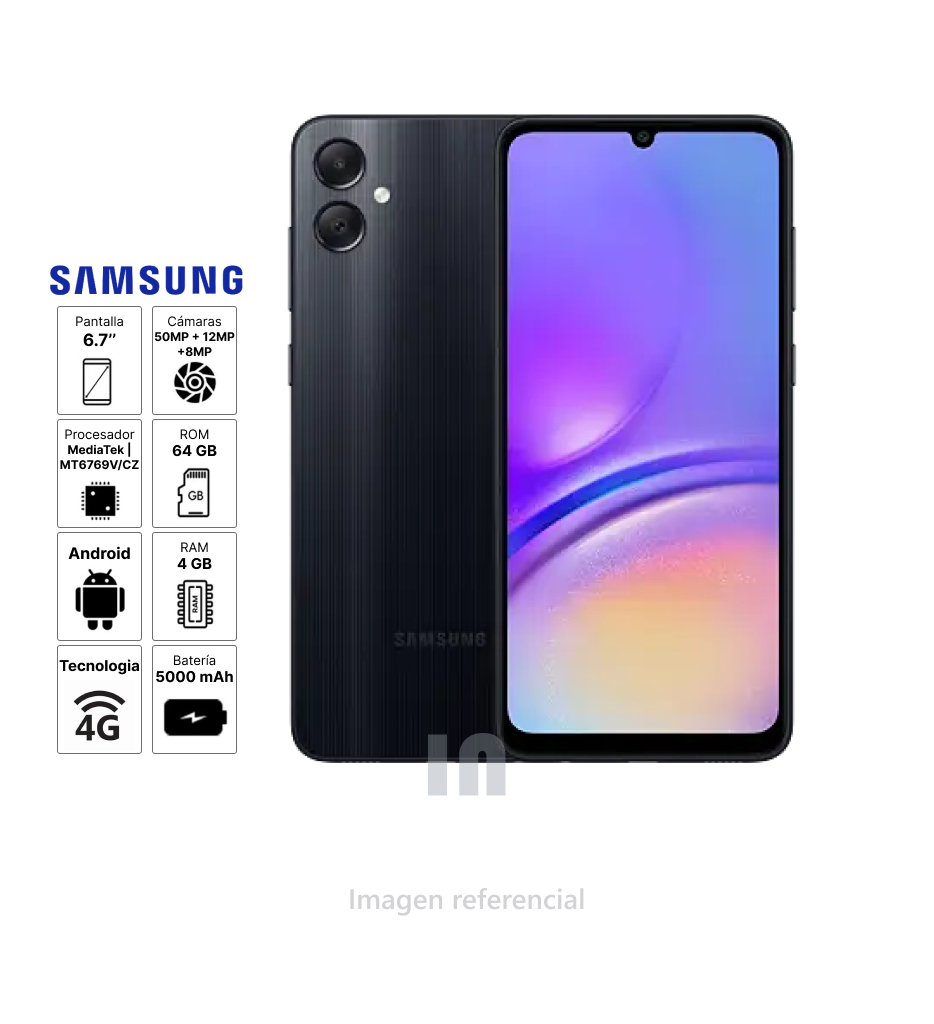 Celular Samsung Galaxy A06, 6,7", 50 MP + 2 MP, 4 GB de RAM, 64 GB de ROM, MediaTek MT6769V, 5000