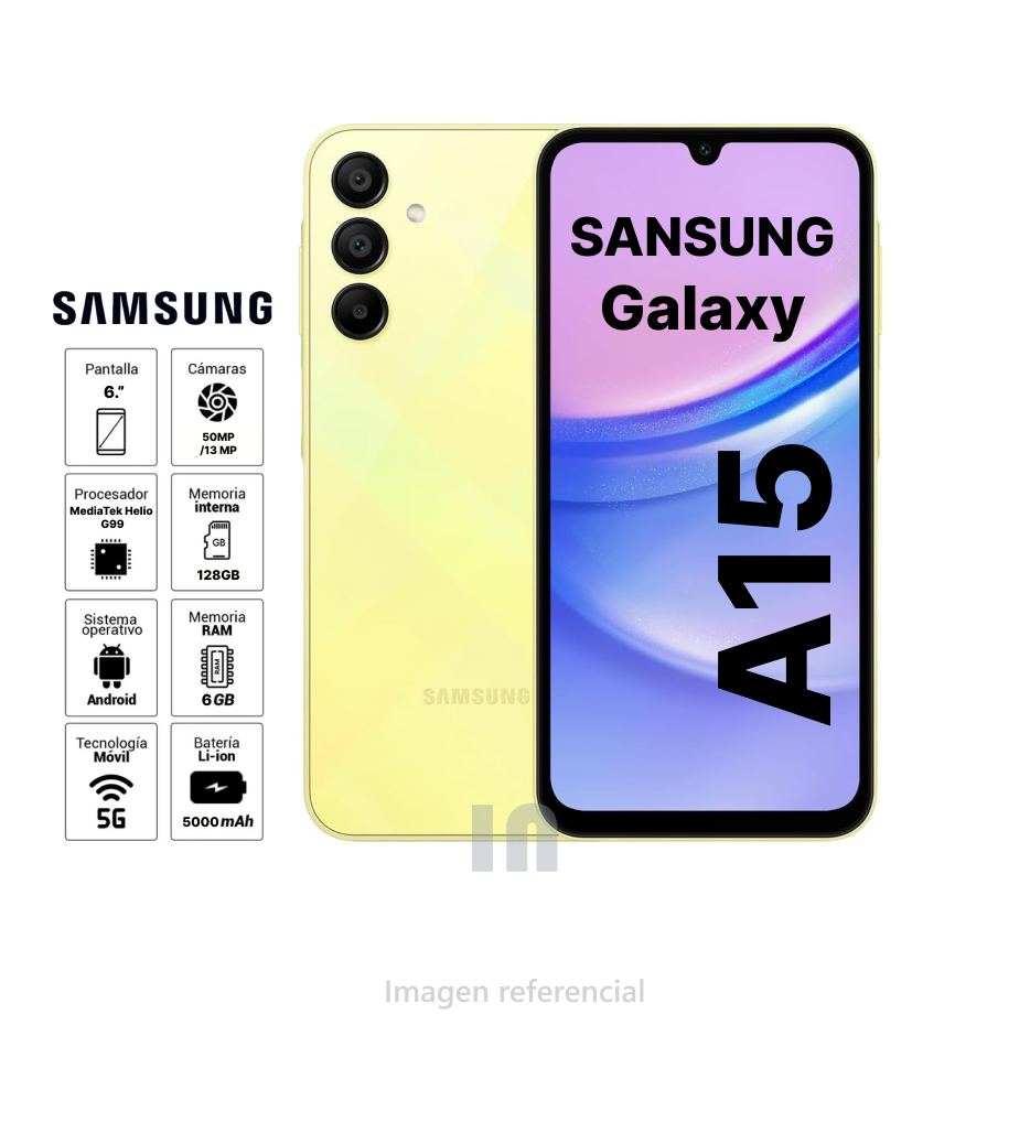 Celular Samsung Galaxy A15, 6.5", 50MP, 6GB RAM, 128GB ROM, Helio G99, Batería de 5000 mAh
