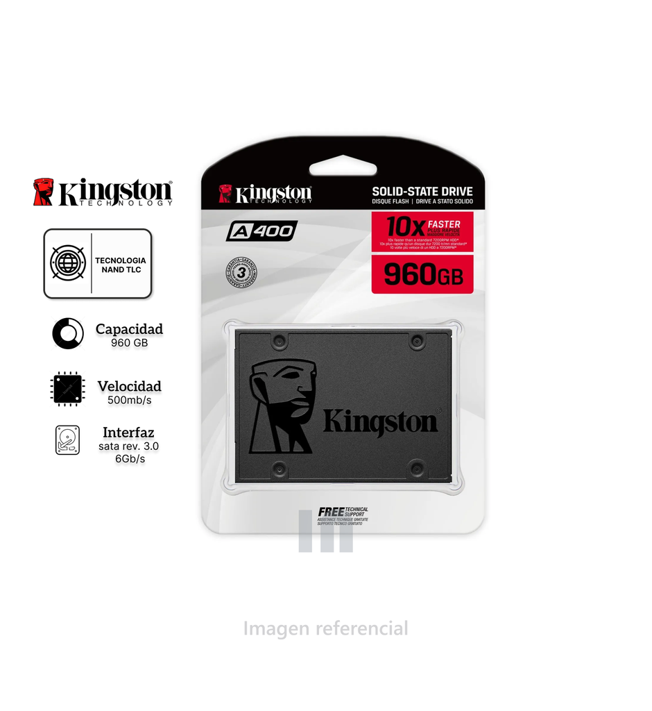 Unidad de Estado Solido Kingston A400, 960GB, SATA 6.0 Gb/s, 2.5 pulg, 7mm.