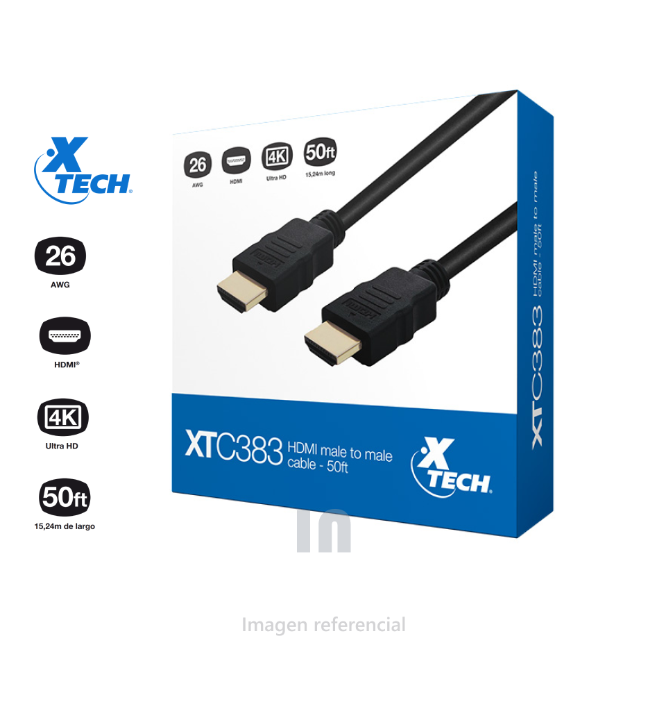Cable HDMI de 15.24m Xtech XTC-383, resolucion 4K, conectores macho a macho y con conductores de 26 AWG y revestimiento de PVC negro.