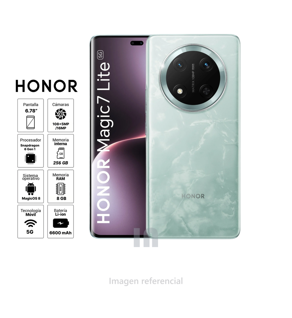 Smartphone Honor Magic 7 Lite 5G, 6.78", 8GB RAM, 256GB ROM, Cámara 108MP, Batería 6600mAh.