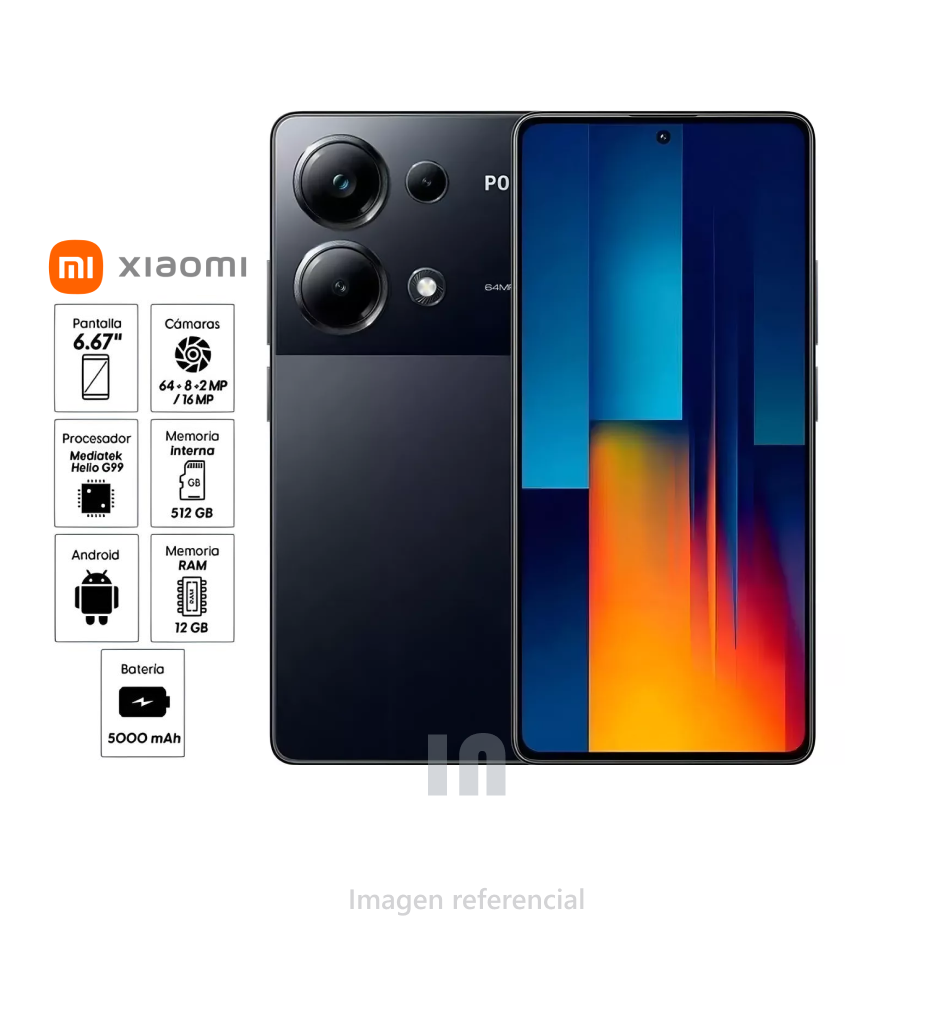 Smartphone Xiaomi Poco M6 Pro, 6.67", Helio G99, 12GB RAM, 512GB ROM, cámara 64+8+2MP, frontal 16MP, batería 5000 mAh.