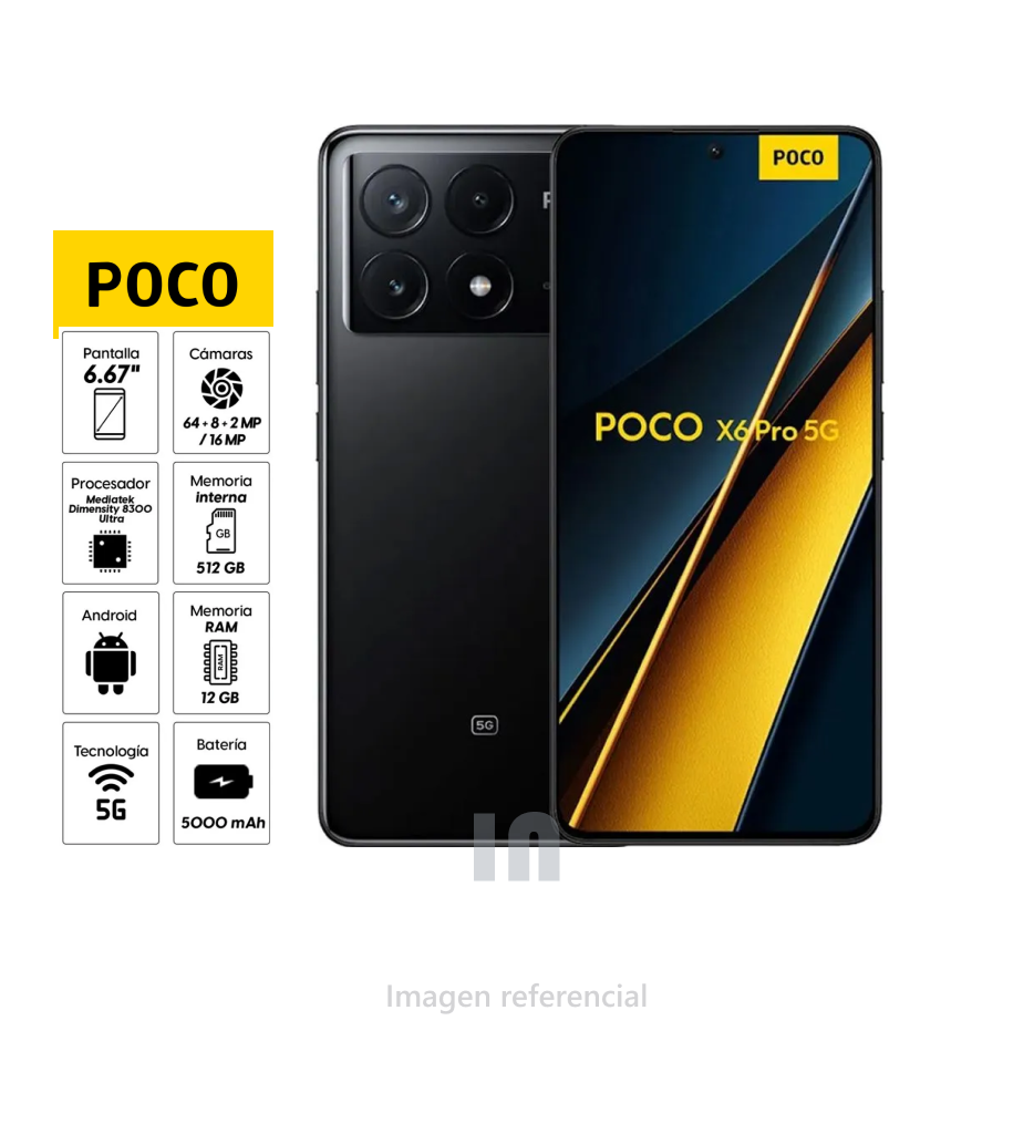 Celular Xiaomi POCO X6 Pro 5G – Dimensity 8300-Ultra, 12GB RAM, 512GB UFS 4.0, Pantalla AMOLED 6.67" 120Hz, Cámara 64MP