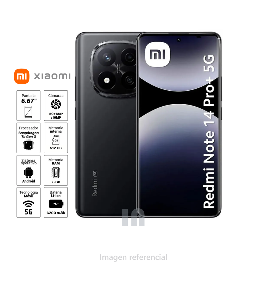 Celular Xiaomi Redmi Note 14 Pro+ 5G, 6.67”, Snapdragon 7s Gen 3, 8GB RAM, 256GB ROM, Cámara 50MP Dual, Batería 6200mAh, negro.