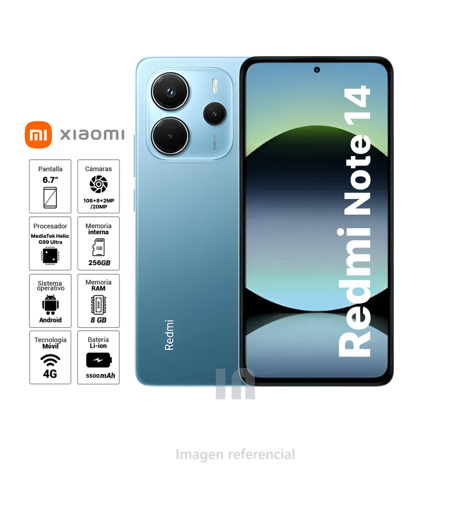 Smartphone Xiaomi Redmi Note 14, Pantalla 6.7", 8GB RAM, 256GB ROM, Cámara 108MP + 20MP, Batería 5500 mAh, Azul Océano 