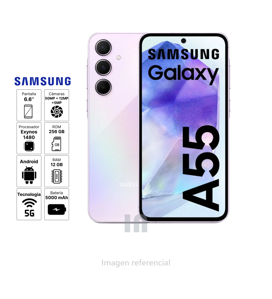 Samsung Galaxy A55 5G - 6.6", 12 GB RAM, 256GB ROM, Triple Cámara 50MP, Batería 5000 mAh.