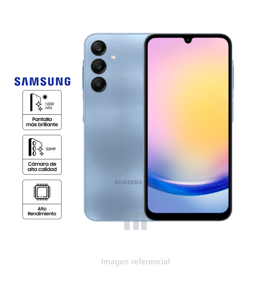 Smartphone Samsung Galaxy A25 5G, 6GB RAM, 128GB ROM, Exynos 1280, 6.5", camara posterior de 50mp, 8mp, 2mp, frontal de 13mp, bateria 5000 mAh.