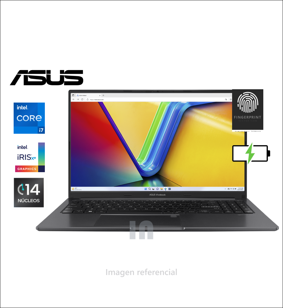 Notebook ASUS Vivobook 16, 16" WUXGA IPS, Core i7 12700H 4.7GHz, 16GB DDR4, rom de SSD de 512 GB PCIe 3.0, negro.
