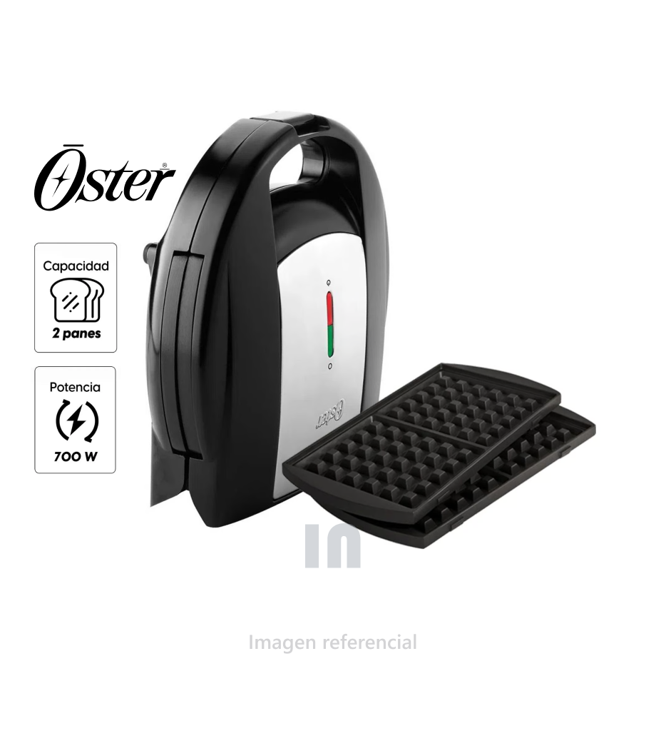 Sandwichera y Waflera Oster CKSTSM3892, 700W, Capacidad para 2 Panes, Antiadherente, Negro