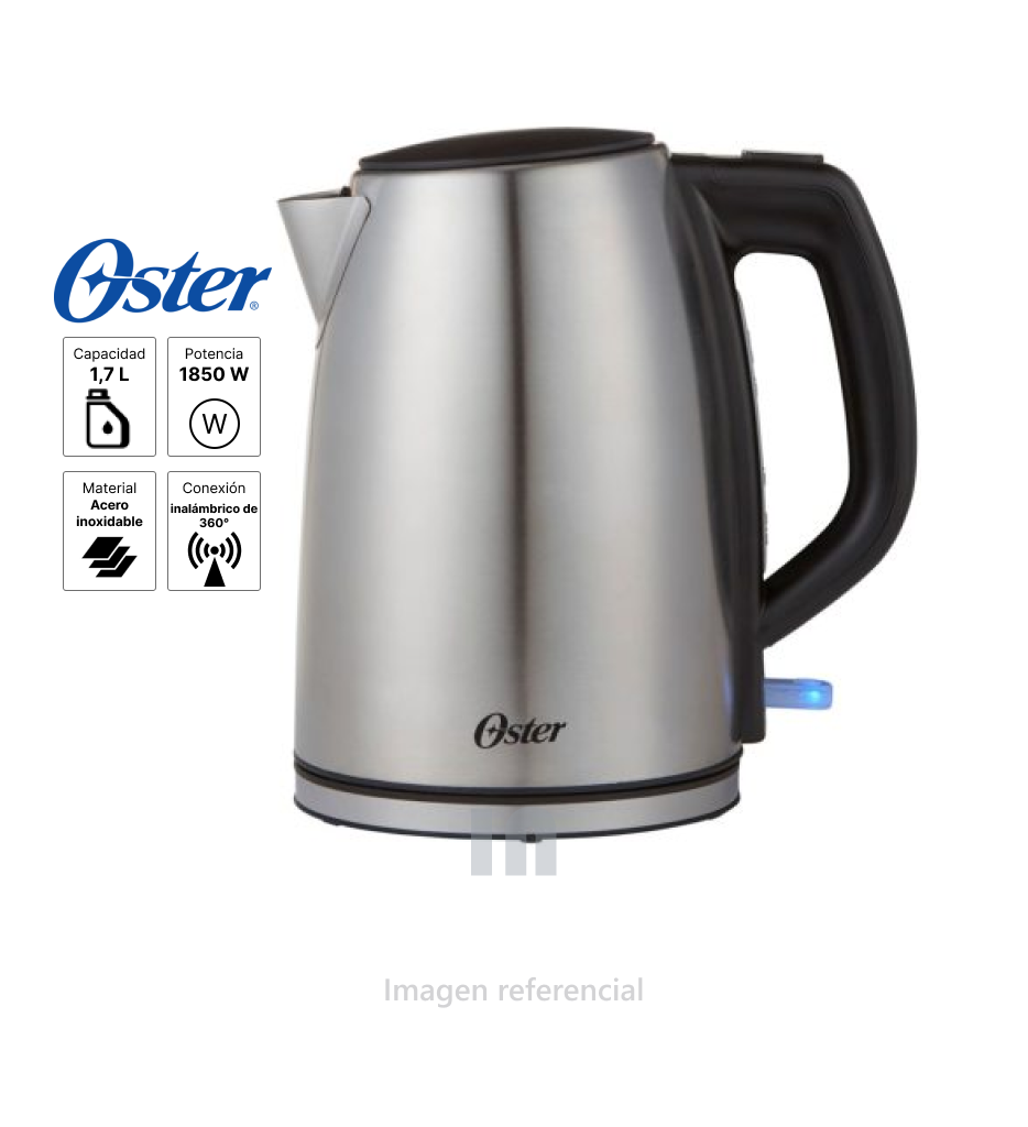 Hervidor eléctrico Oster BVSTKT673SS 1.7 Litros Plateado, 1850w, base de alimentación de 360°.