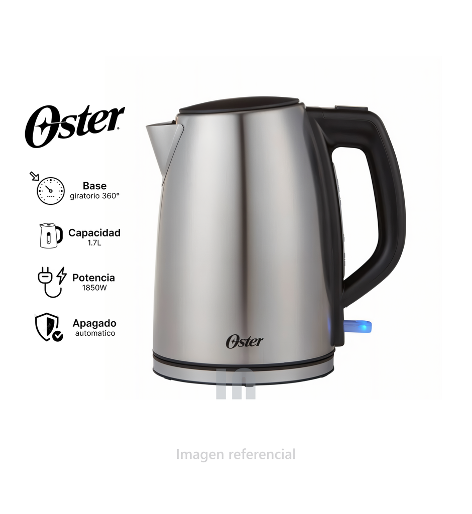 Hervidor eléctrico Oster BVSTKT673SS 1.7 Litros Plateado, 1850w, base de alimentación de 360°.