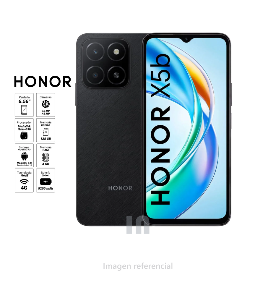 Celular Honor X5B (GFY-LX3), 6.56" HD+, Helio G36, 4GB RAM, 64GB ROM, Cámara de 50MP.