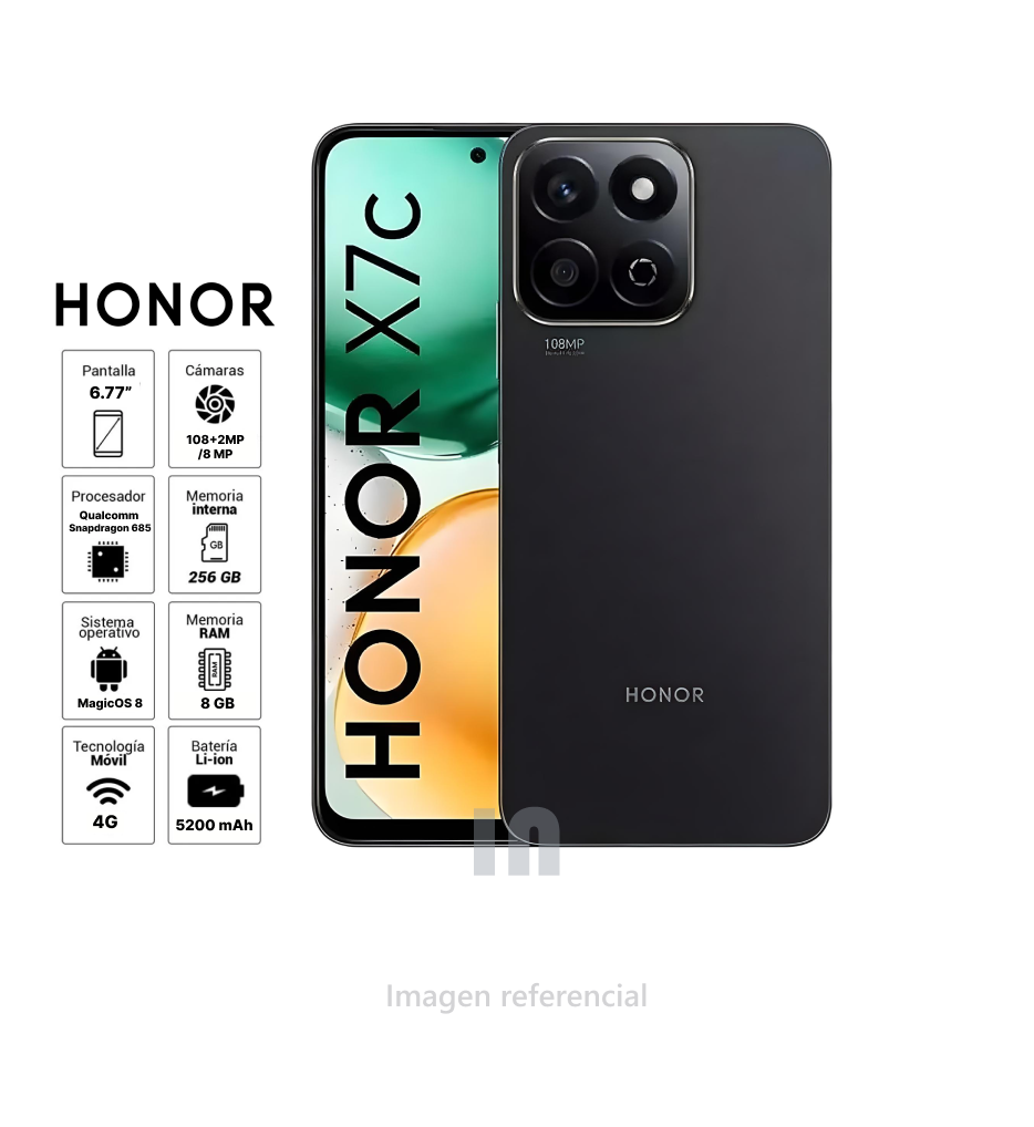 Smartphone Honor X7C ALT-LX3, 6", 8GB RAM, 256GB ROM, Snapdragon 685, Cámara 108MP, 5200mAh