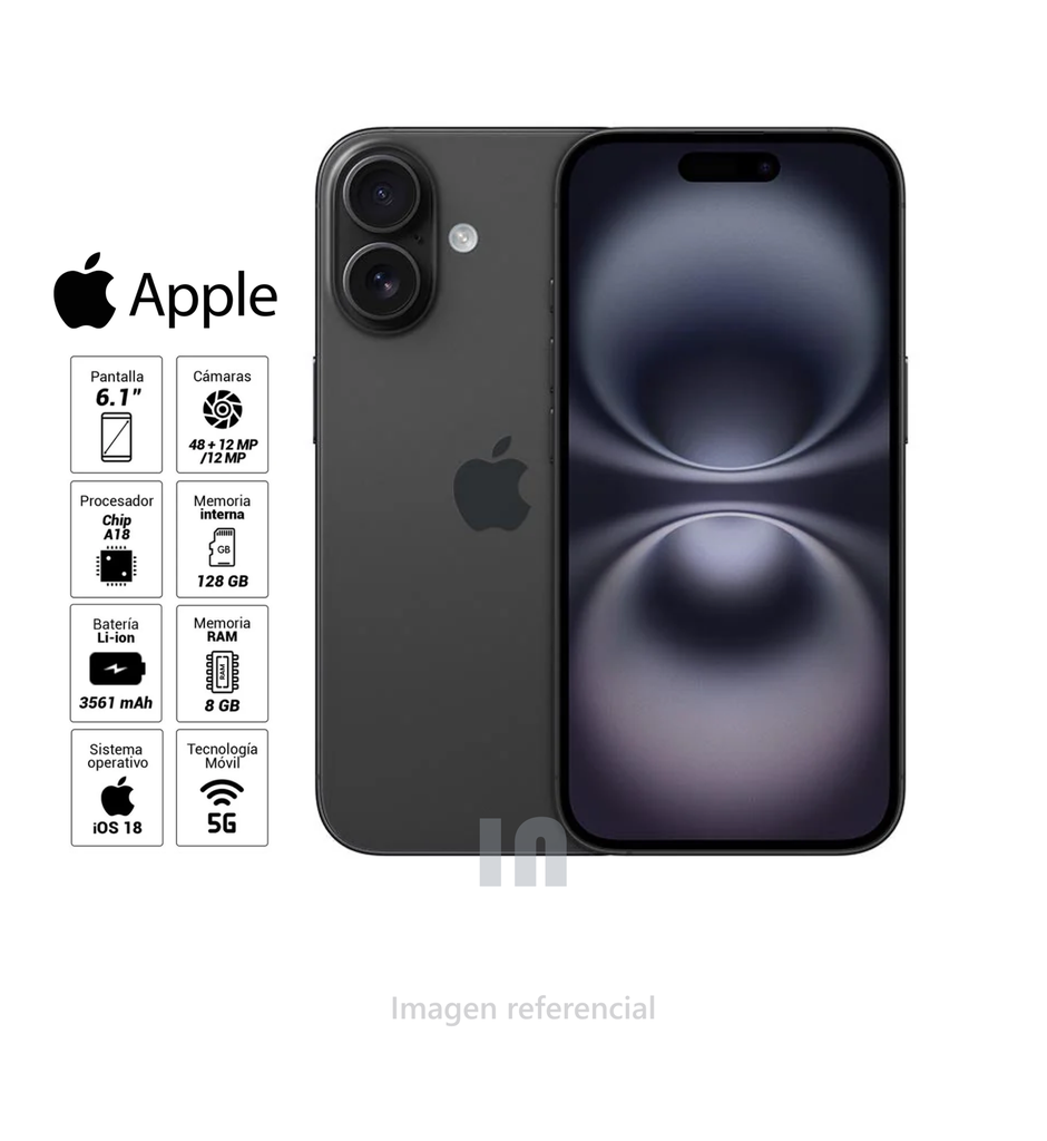  iPhone 16, 128GB, 8GB RAM, 6.1", Cámara Dual 48MP + 12MP, Frontal 12MP, 3561mAh.