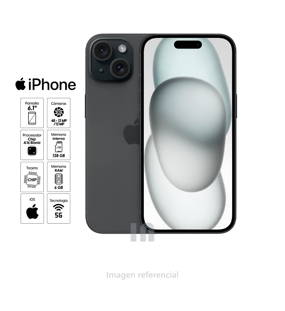 iPhone 15 128GB, 6GB RAM, cámara principal 48MP + 12MP, frontal 12MP, 6.1".