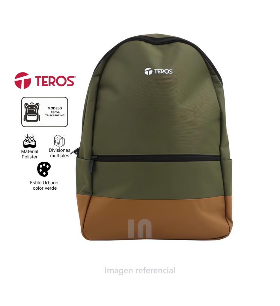 Mochila TEROS TE-ACS9021MG, poliéster, soporta NBs de hasta 15.6", verde militar + marrón.