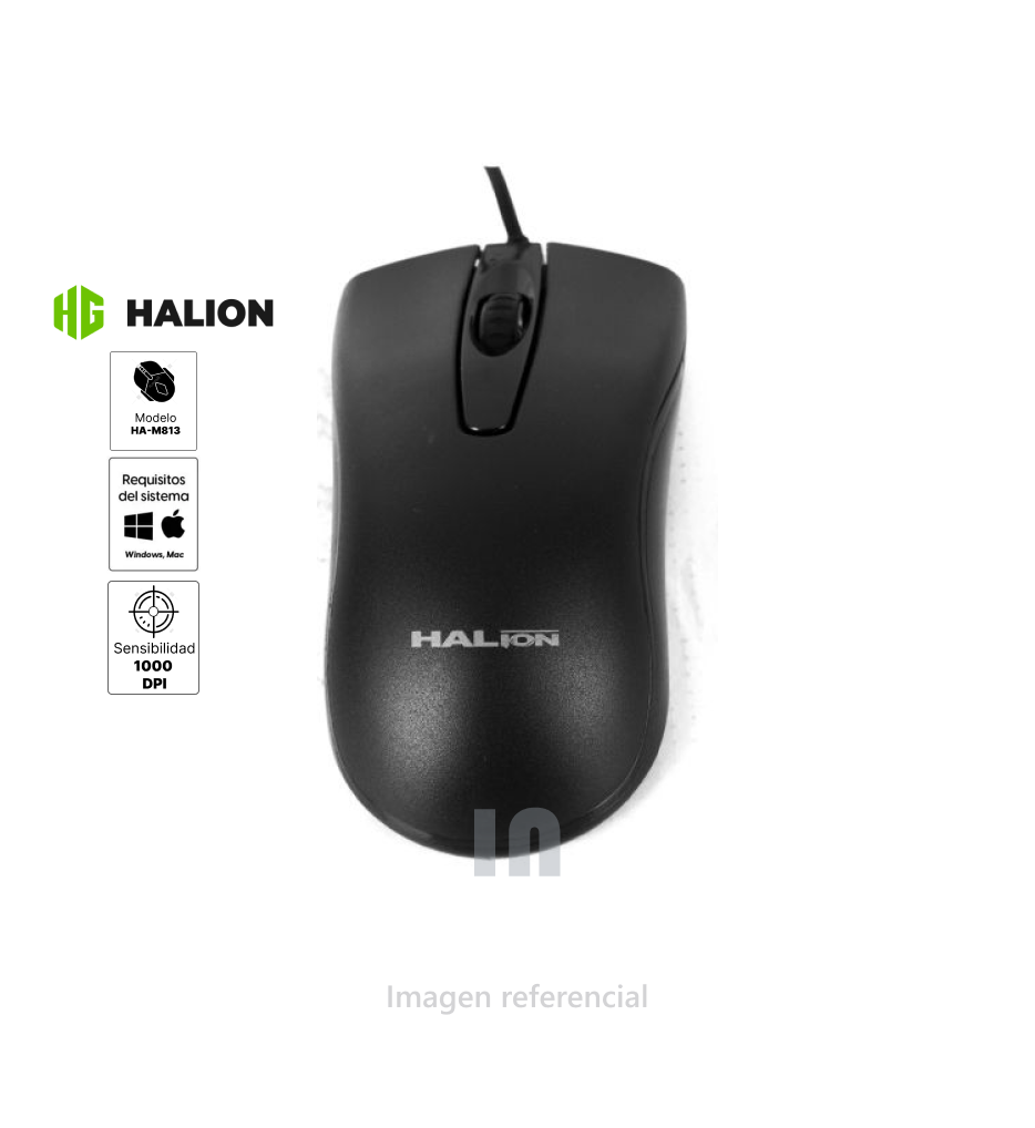 Mouse lancer ha-m813, conector usb, 1000 dpi, 3 botones, cable de 1.5mt, negro.
