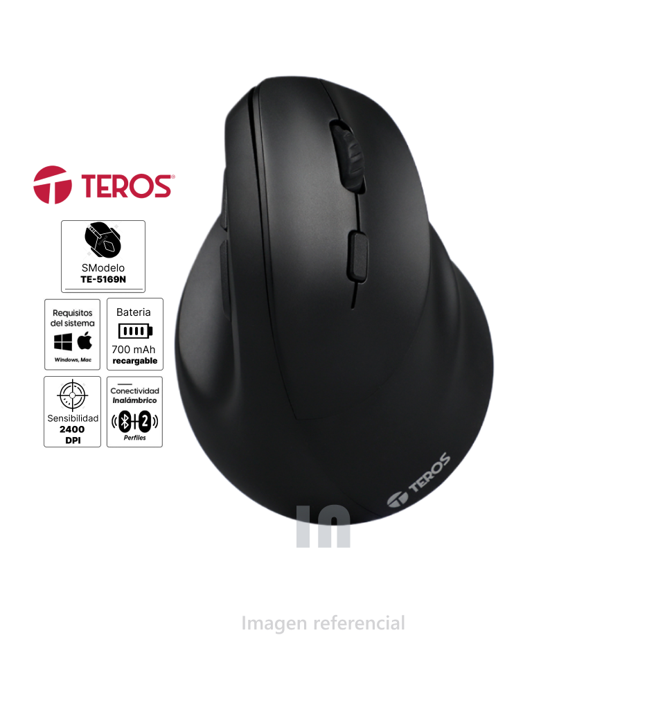 Mouse Teros TE-5169N, Inalámbrico Doble Modo: 2.4G+Bluetooth, 2400 DPI, Vertical, 700 mAh.