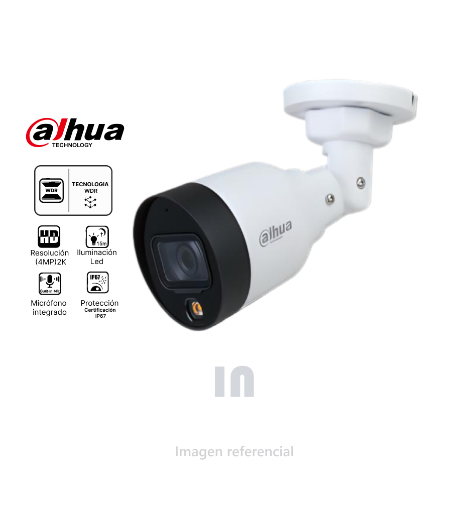 CÁMARA DE SEGURIDAD IP POE DAHUA DH-IPC-HFW1439S1-A-LED, 4MP, 2K, 2.8MM, WDR, IP67, LED 15M, MICRÓFONO.