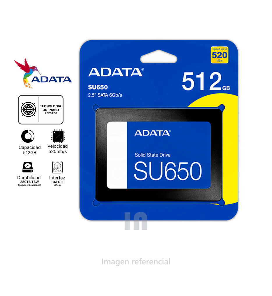  UNIDAD ESTADO SOLIDO Adata Ultimate SU650 - 2.5" Interno - 512GB - SATA (SATA/600) - Computadora de escritorio Dispositivo compatible - 280TB TBW - 520MB/s Tasa de transferencia de lectura máxima SU650 512GB.